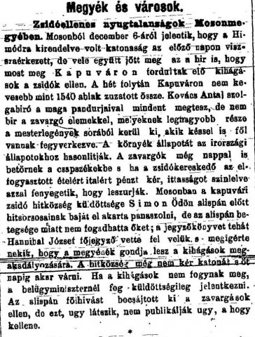 „Zsidóellenes nyugtalanságok Mosonmegyében.” (Forrás: Pesti Hírlap, 1882. 12. 09., 9. o.)
